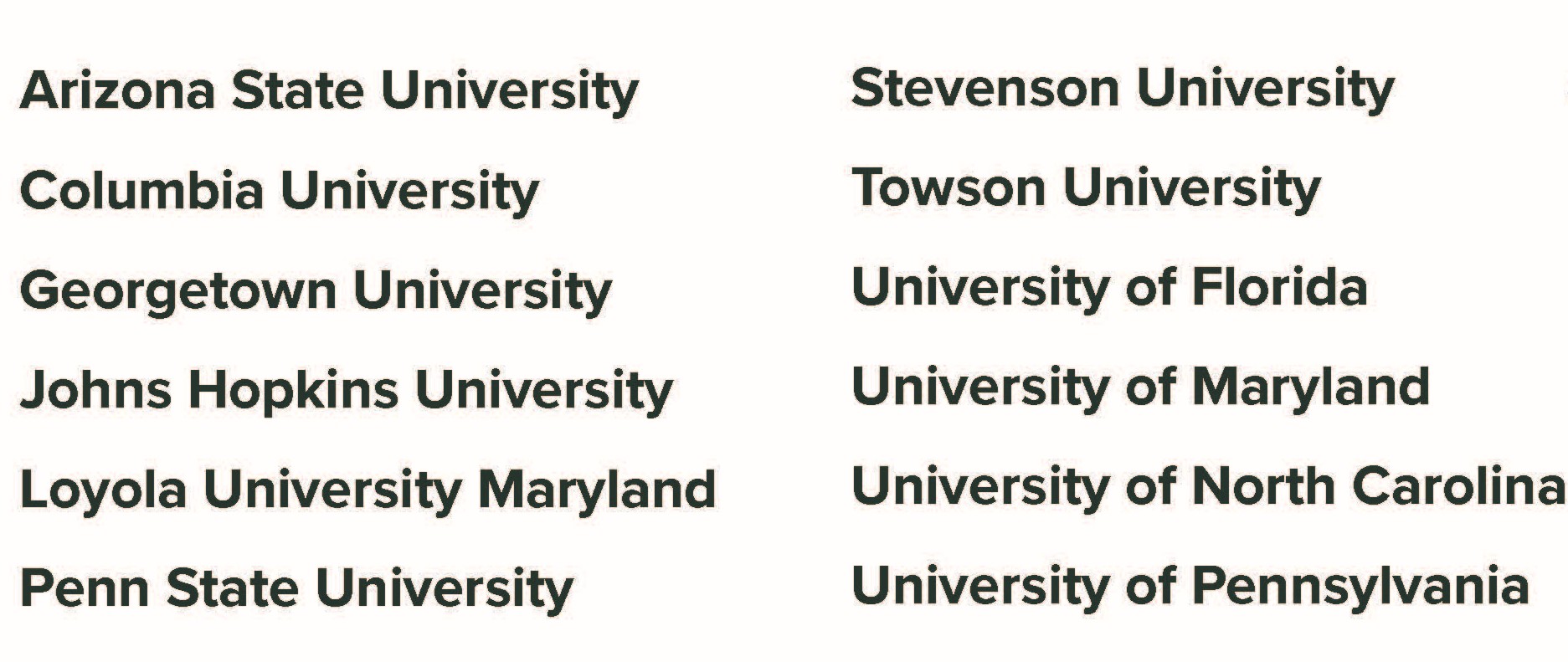 list of Top Graduate Schools: Arizona State University, Columbia University, Georgetown University, Johns Hopkins University, Loyola University Maryland, Penn State University, Stevenson University, Towson University, University of Florida, University of Maryland, University of North Carolina, University of Pennsylvania.
