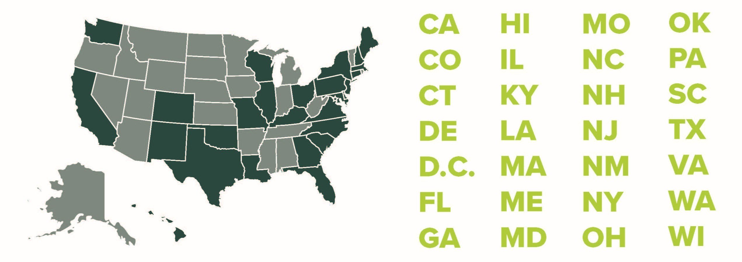 Graphic of United States of America with state abbreviations States Graduates Reported Working In: California, Colorado, Connecticut, Delaware, District of Columbia, Florida, Georgia, Hawaii, Illinois, Kentucky, Louisiana, Maine, Massachusetts, Maryland, Missouri, North Carolina, New Hampshire, New Jersey, New Mexico, New York, Ohio, Oklahoma, Pennsylvania, South Carolina, Texas, Virginia, Washington, Wisconsin.