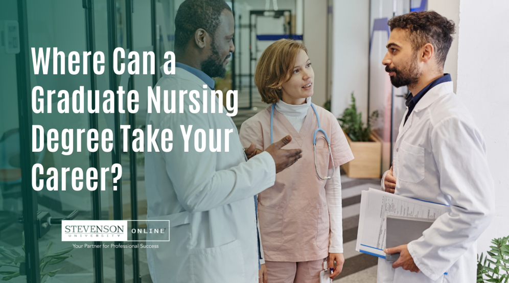Photo of 2 male doctors with a female nurse with faded green foreground and text saying "Where Can a Graduate Nursing Degree Take Your Career"