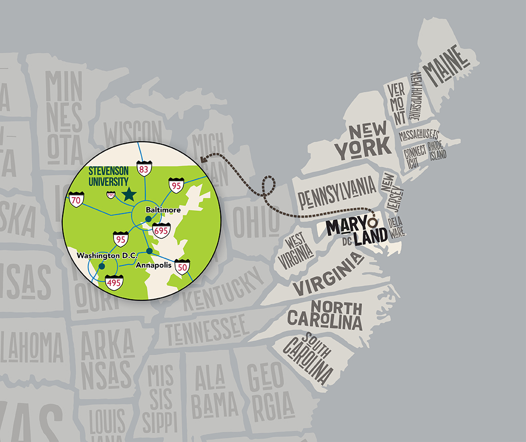 Map of East Coast with zoom bubble of Stevenson University, a suburb in Baltimore County. 